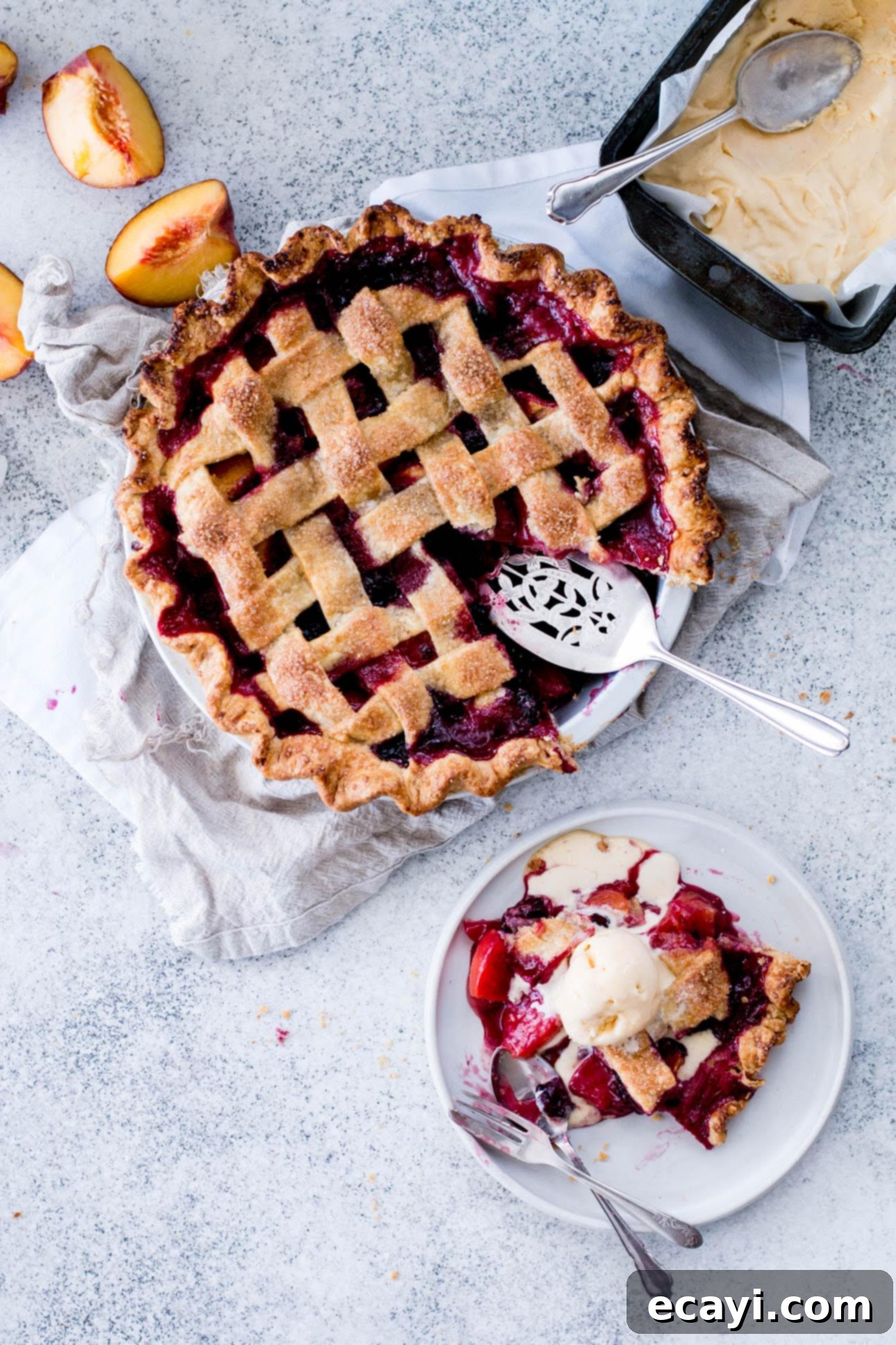 Orchard Peach and Wild Blackberry Pie with Olive Oil Gelato 1 featured 10652