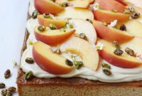 Sun-Kissed Peach Cardamom Sheet Cake with Salted Caramel Cream Cheese Frosting