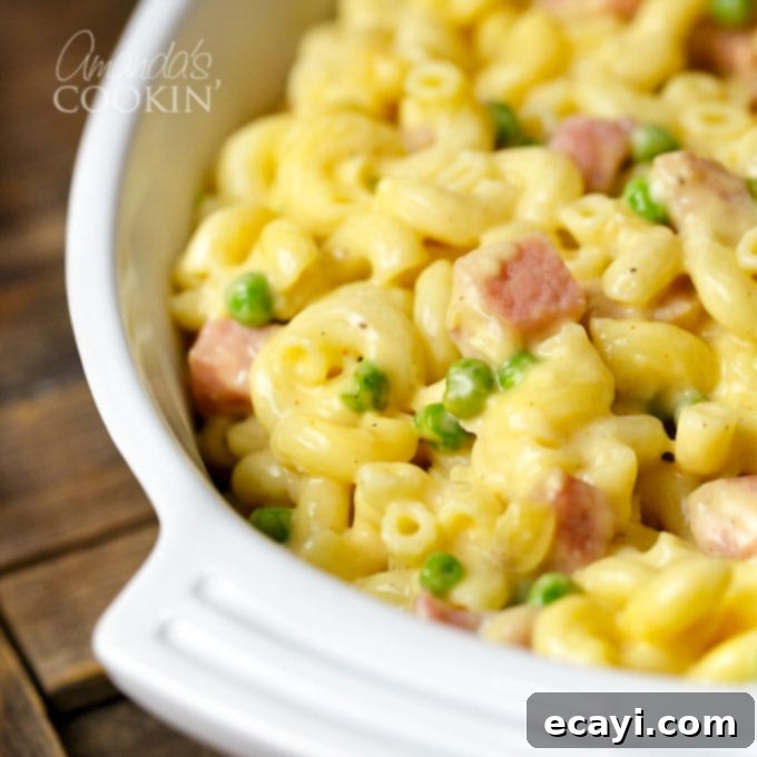 Creamy Ham and Pea Mac and Cheese Casserole 1 featured 3774