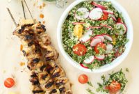 Fresh Cilantro Pesto Grilled Chicken Skewers with Kale Tabbouleh