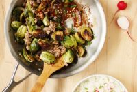 Spicy Gochujang Glazed Sausage and Roasted Brussels Sprouts
