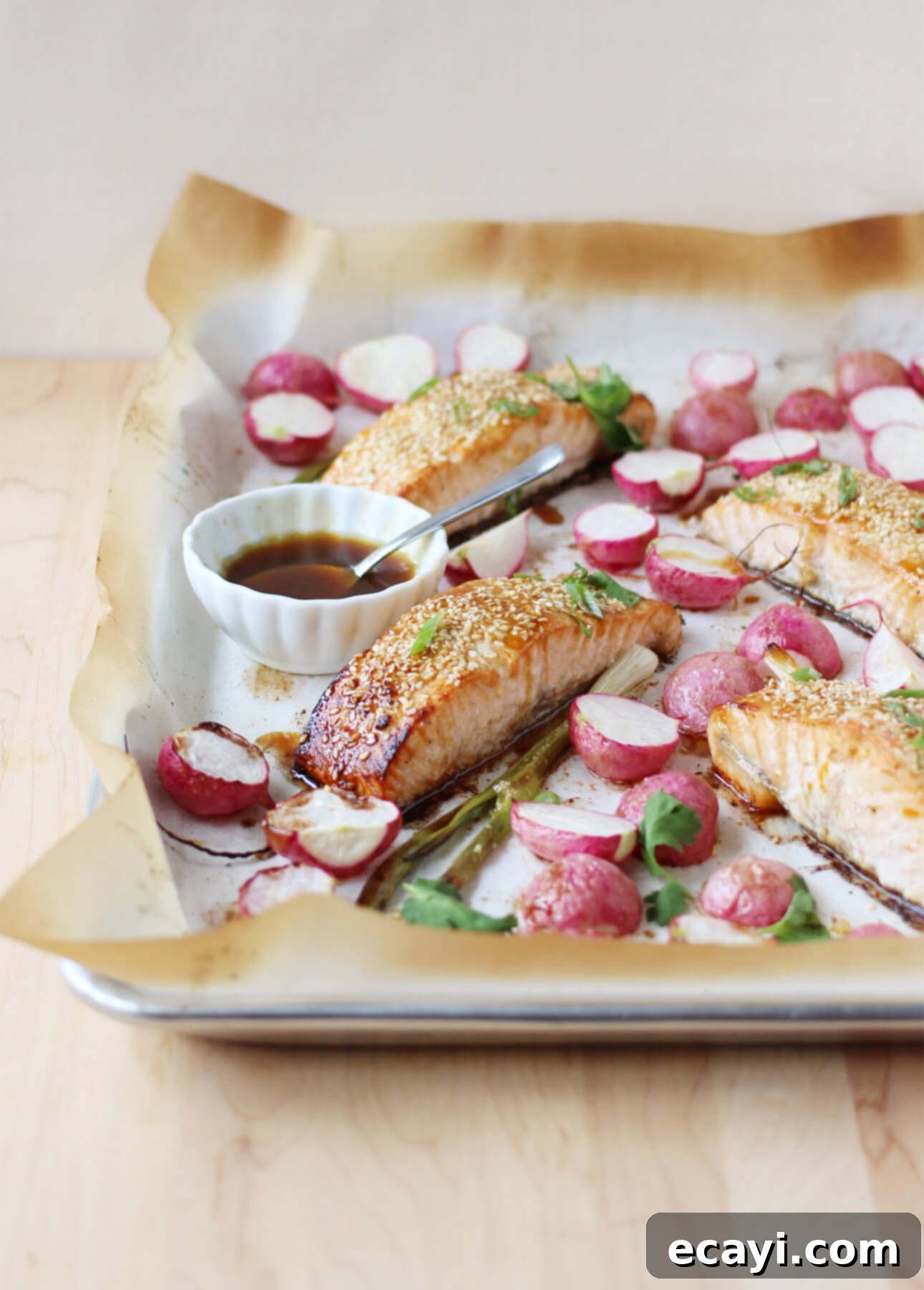 Sheet Pan Honey Sesame Salmon with Crispy Radishes 1 featured 9199