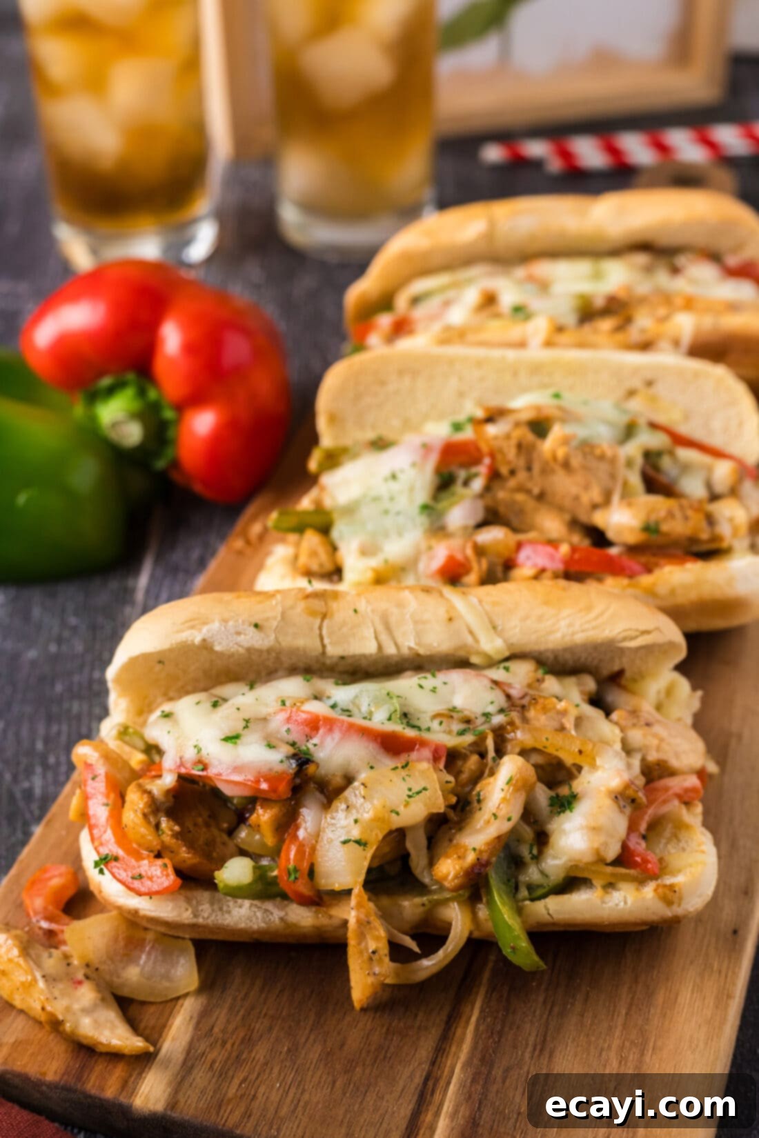 Philly Chicken Cheesesteak 2 Three perfectly assembled Chicken Philly Cheesesteaks on a rustic wooden serving board, showcasing the vibrant ingredients and melted cheese.