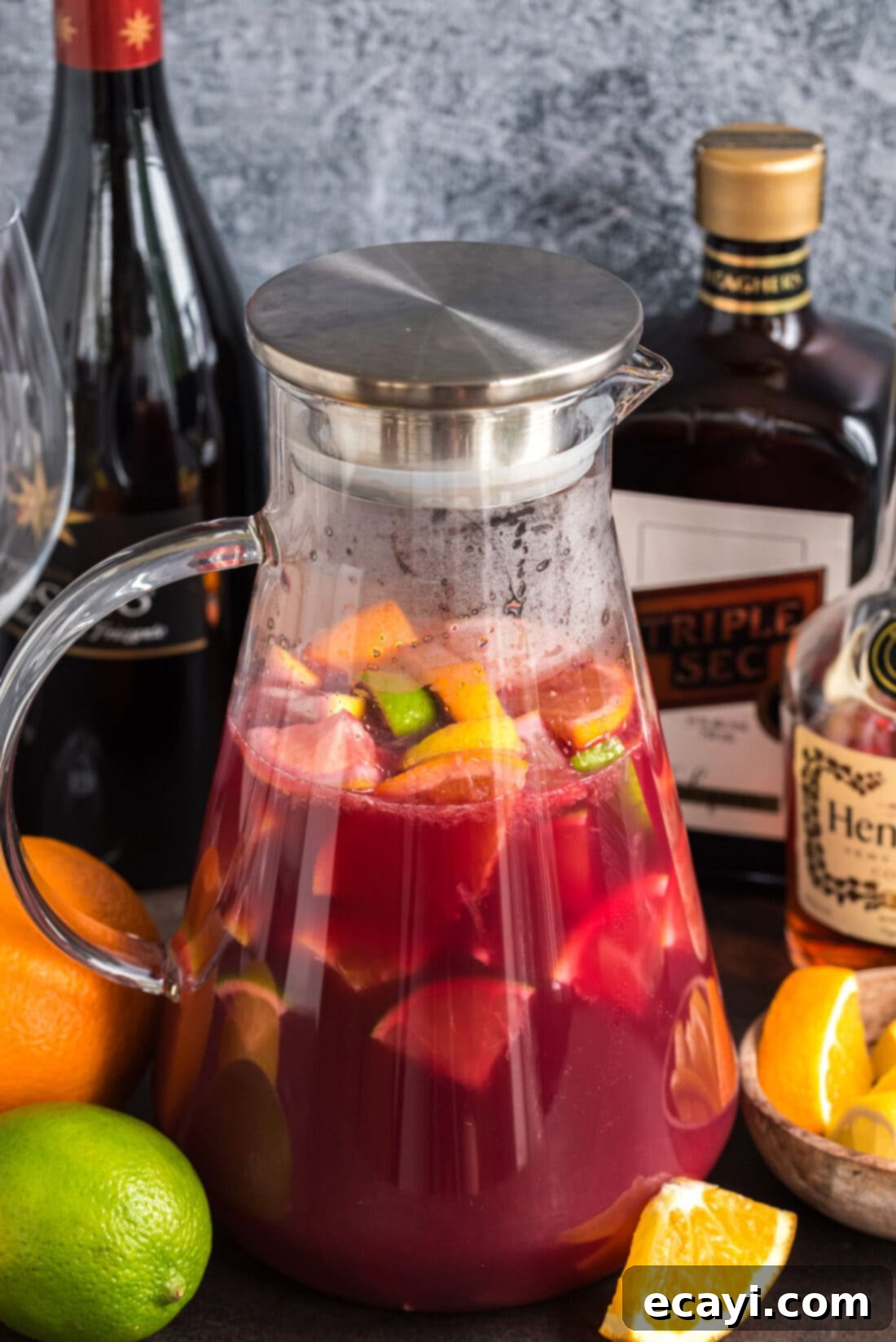 Mexican Fiesta Sangria 2 Pitcher of vibrant Mexican Inspired Sangria brimming with sliced fresh fruit and sparkling red wine