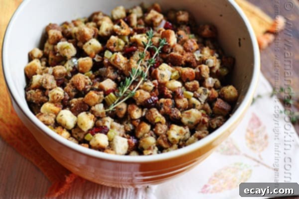 Aromatic Herb Stuffing 4 A bowl of stuffing with parsley, sage, rosemary and thyme.