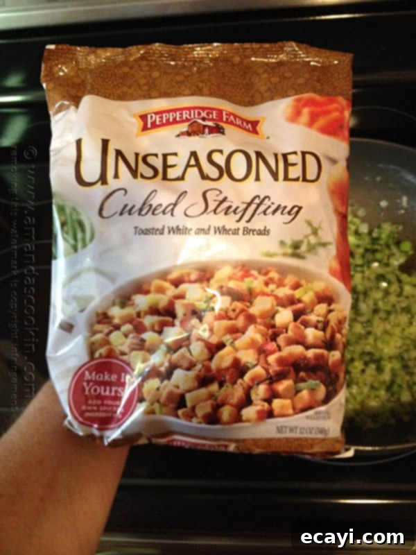 Aromatic Herb Stuffing 6 A close up photo of a package of Pepperidge Farms unseasoned cubed stuffing.