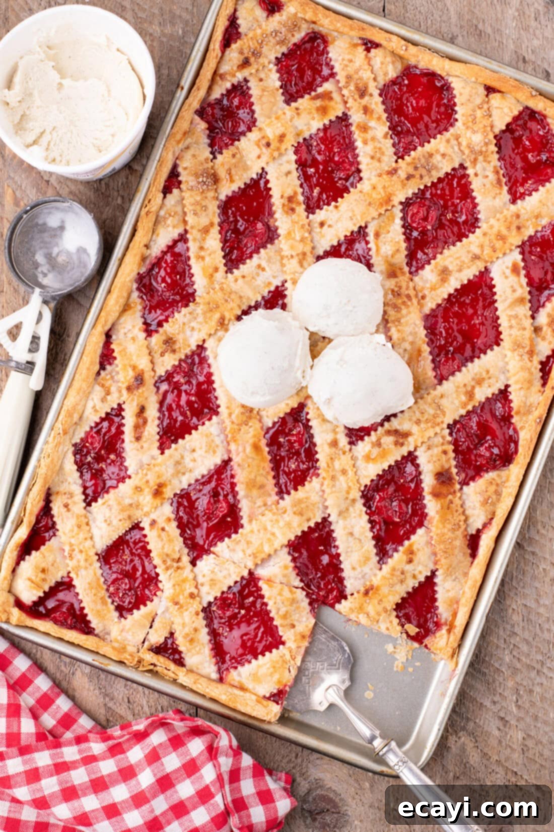 Sheet Pan Cherry Pie 2 Cherry Slab Pie topped with three scoops of ice cream
