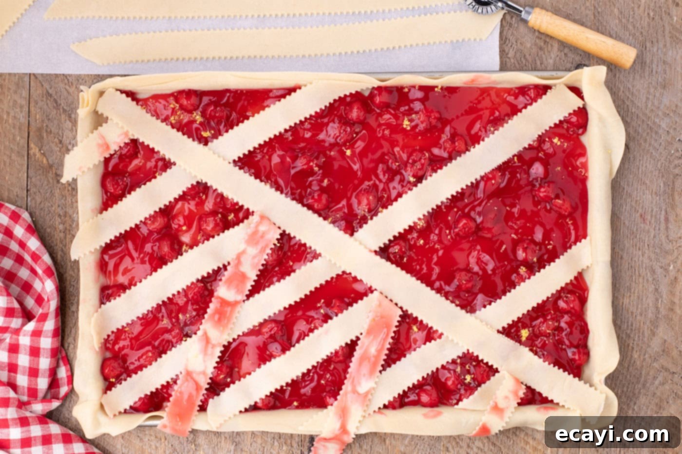 Sheet Pan Cherry Pie 12 creating a lattice top weave on slab pie