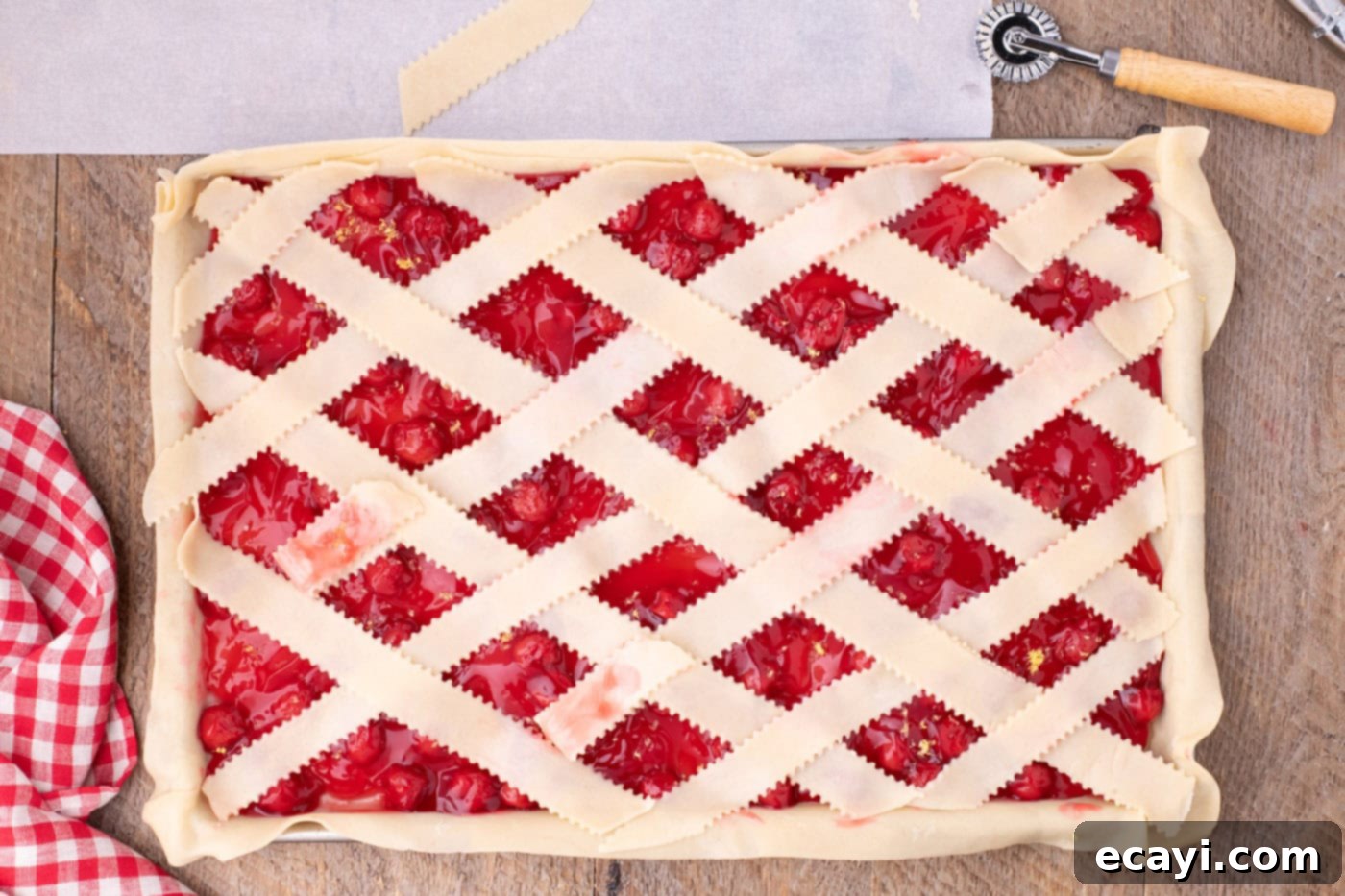 Sheet Pan Cherry Pie 14 unbaked lattice top cherry slab pie