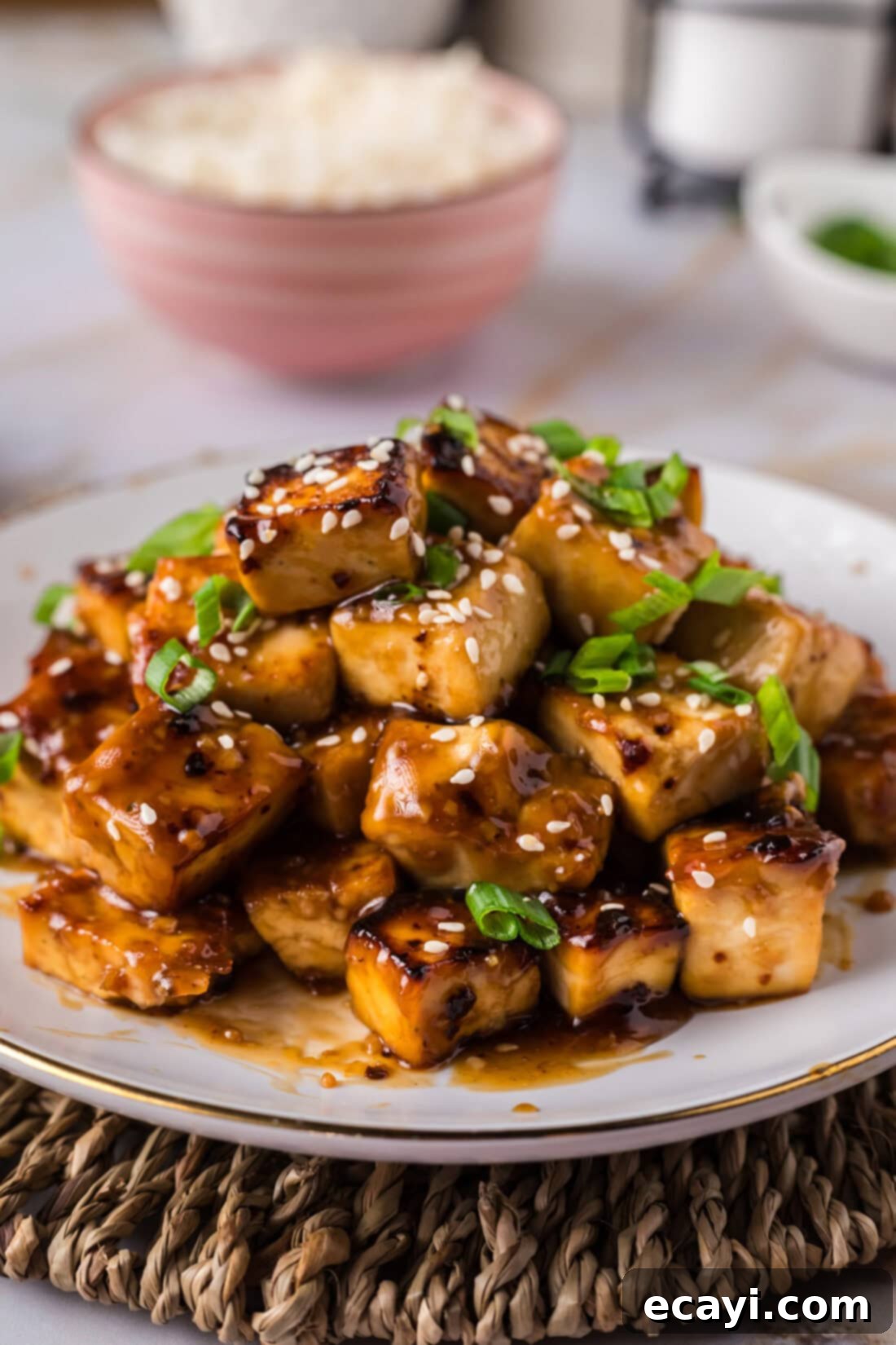 Sticky Honey Garlic Tofu 13 Honey Garlic Tofu piled up on a plate