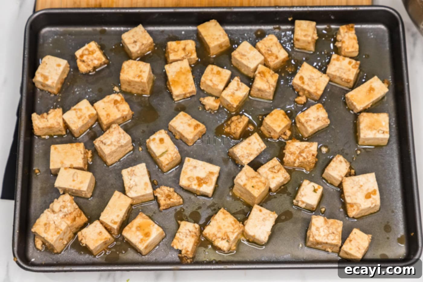 Sticky Honey Garlic Tofu 9 sheet pan of honey garlic tofu