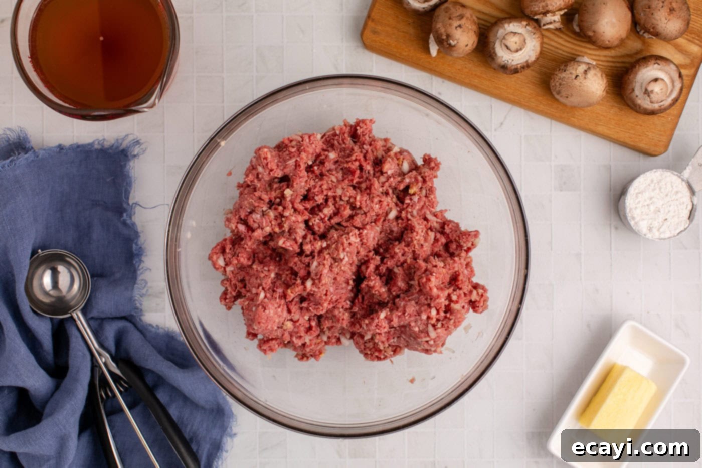 Hearty Salisbury Steak Meatballs 6 meatball ingredients fully mixed in a bowl, ready for forming