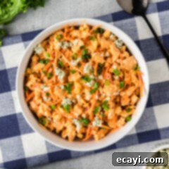 Fiery Buffalo Chicken Bowl 10 Close up photo of a bowl of Buffalo Chicken Salad, showcasing its creamy texture