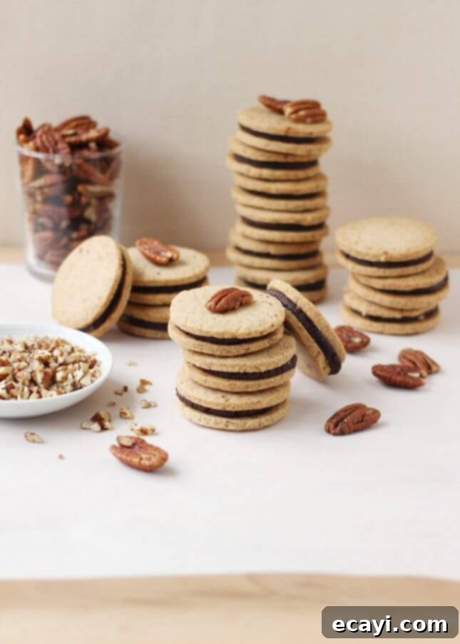 Dark Chocolate Caramel Pecan Shortbread Cookies 2 Pecan Shortbread Cookies with a Dark Chocolate and Caramel Filling // FoodNouveau.com