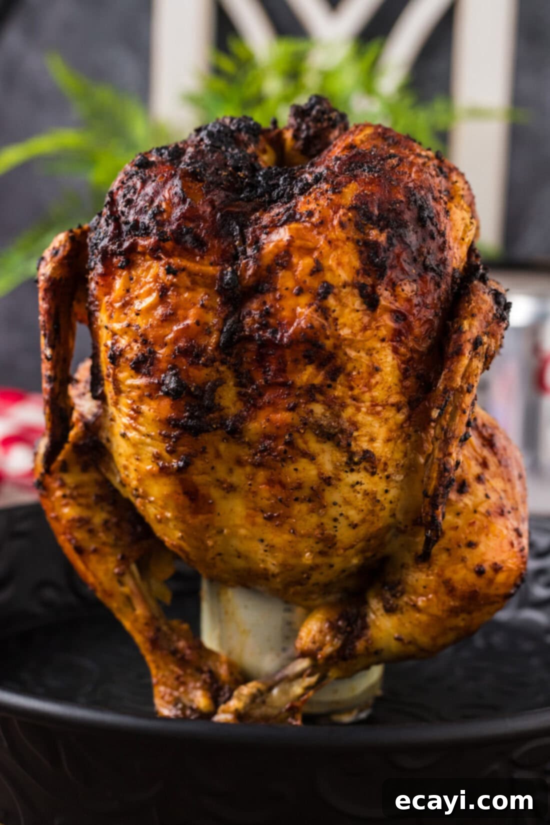 Juicy Beer-Infused Roasted Chicken 2 Close up image of a Beer Can Chicken on a metal tray