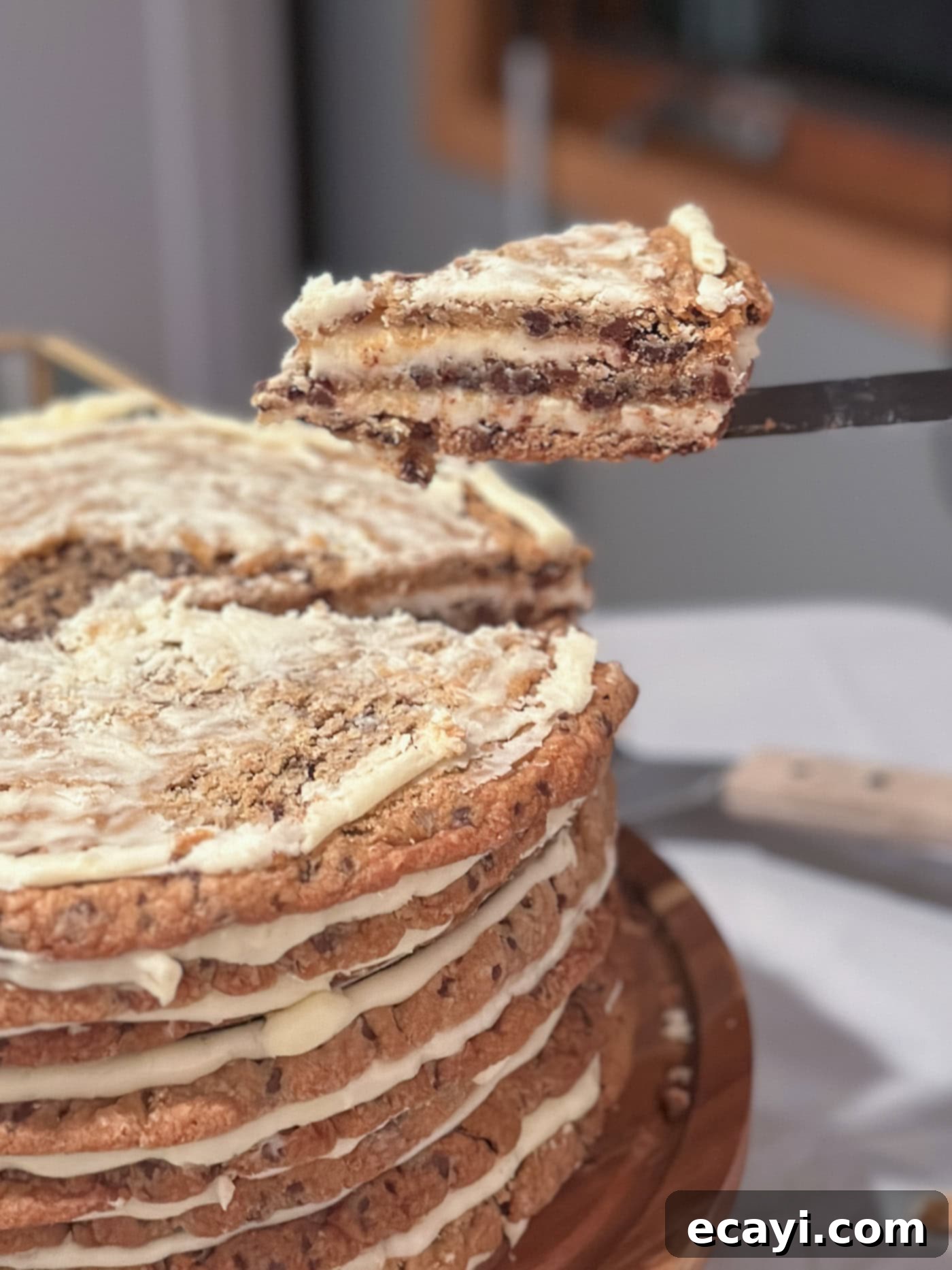 Chocolate Chip Cookie Mountain 15 cookie tower wedge slice on a spatula