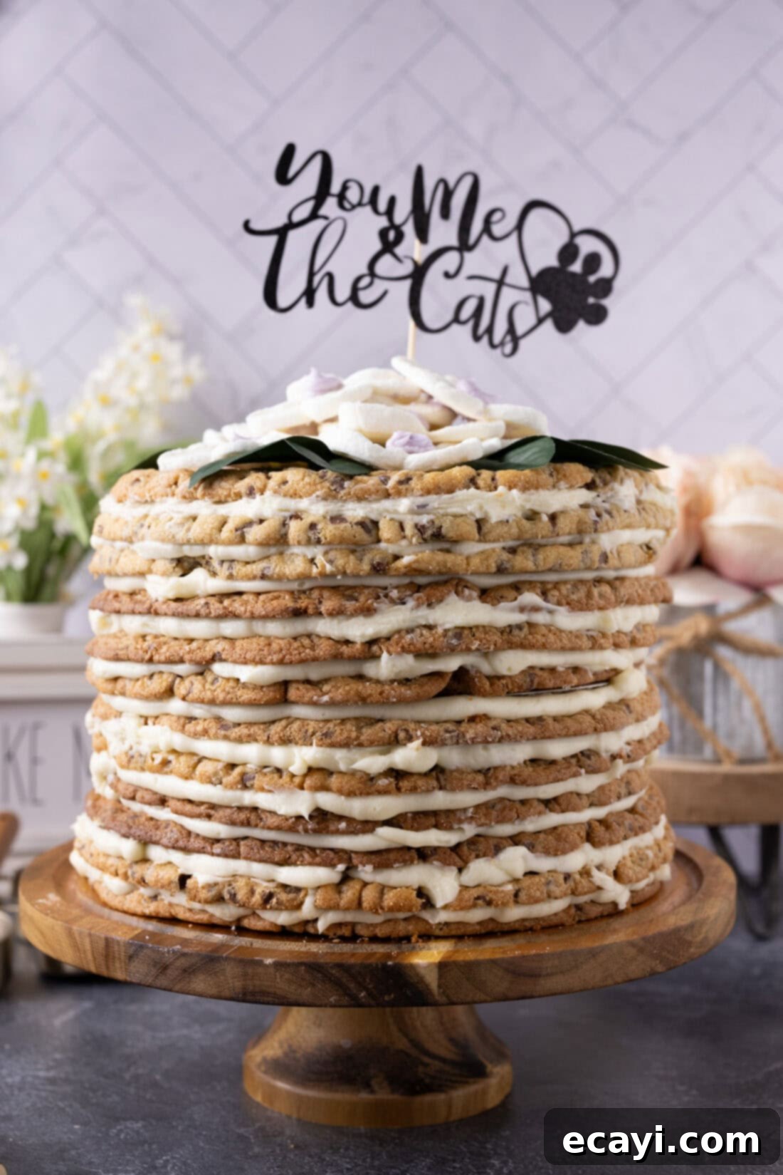 Chocolate Chip Cookie Mountain 16 Chocolate Chip Cookie Tower with a cake toppers that says you me and the cats