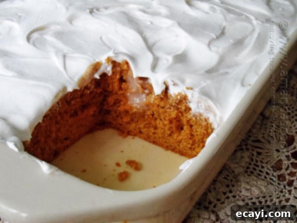 Autumn Pumpkin Pudding Poke Cake 3 A close up photo of a pumpkin pudding poke cake in a baking dish with a square missing, revealing the pudding-filled holes.