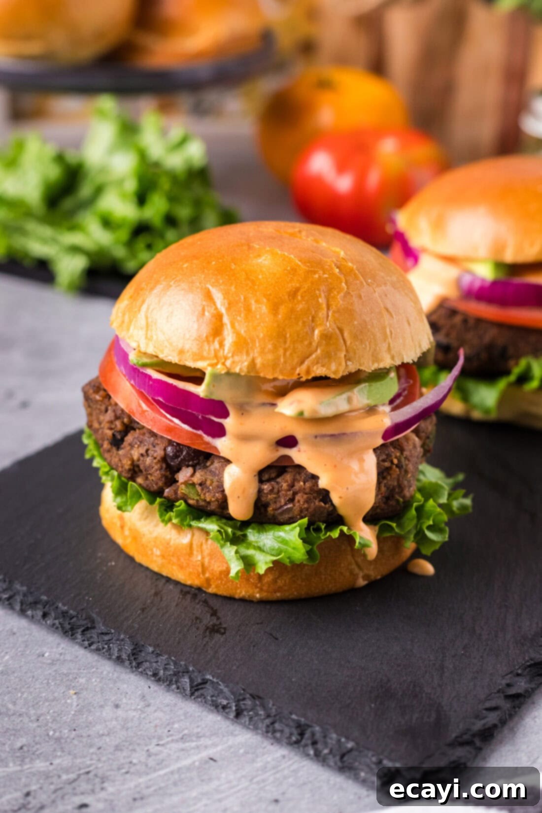 Signature Black Bean Burger 3 Black Bean Burger on a stone serving board