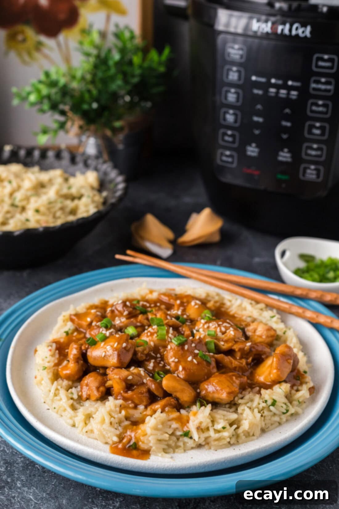 Bourbon Glazed Instant Pot Chicken 8 A mouthwatering plate of Instant Pot Bourbon Chicken, perfectly glazed and served over a bed of white rice.