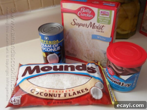 Blissful Almond Coconut Snowflake Cake 5 Ingredients for the Almond Joy Coconut Snowflake Cake laid out on a kitchen counter, featuring Betty Crocker cake mix and frosting.