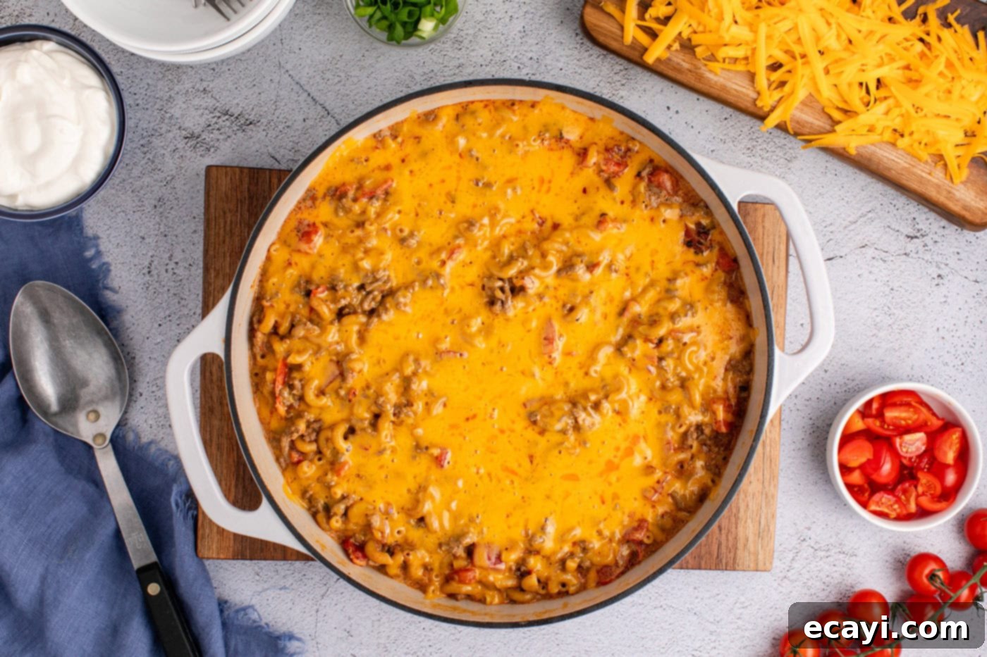 Taco Mac 'n' Cheese 11 overhead shot of taco mac in a skillet, covered with perfectly melted cheese, ready to serve.