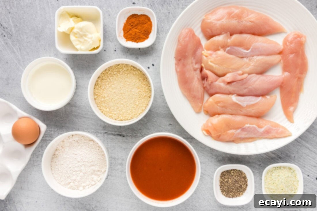Signature Buffalo Chicken Strips 4 Various ingredients for making Buffalo Chicken Tenders laid out on a kitchen counter: chicken tenderloins, flour, panko breadcrumbs, hot sauce, butter, egg, buttermilk, and spices.