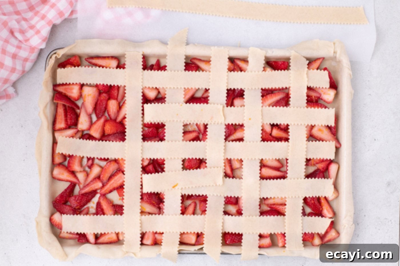 Strawberry Sheet Pan Delight 16 completed lattice top on the strawberry slab pie