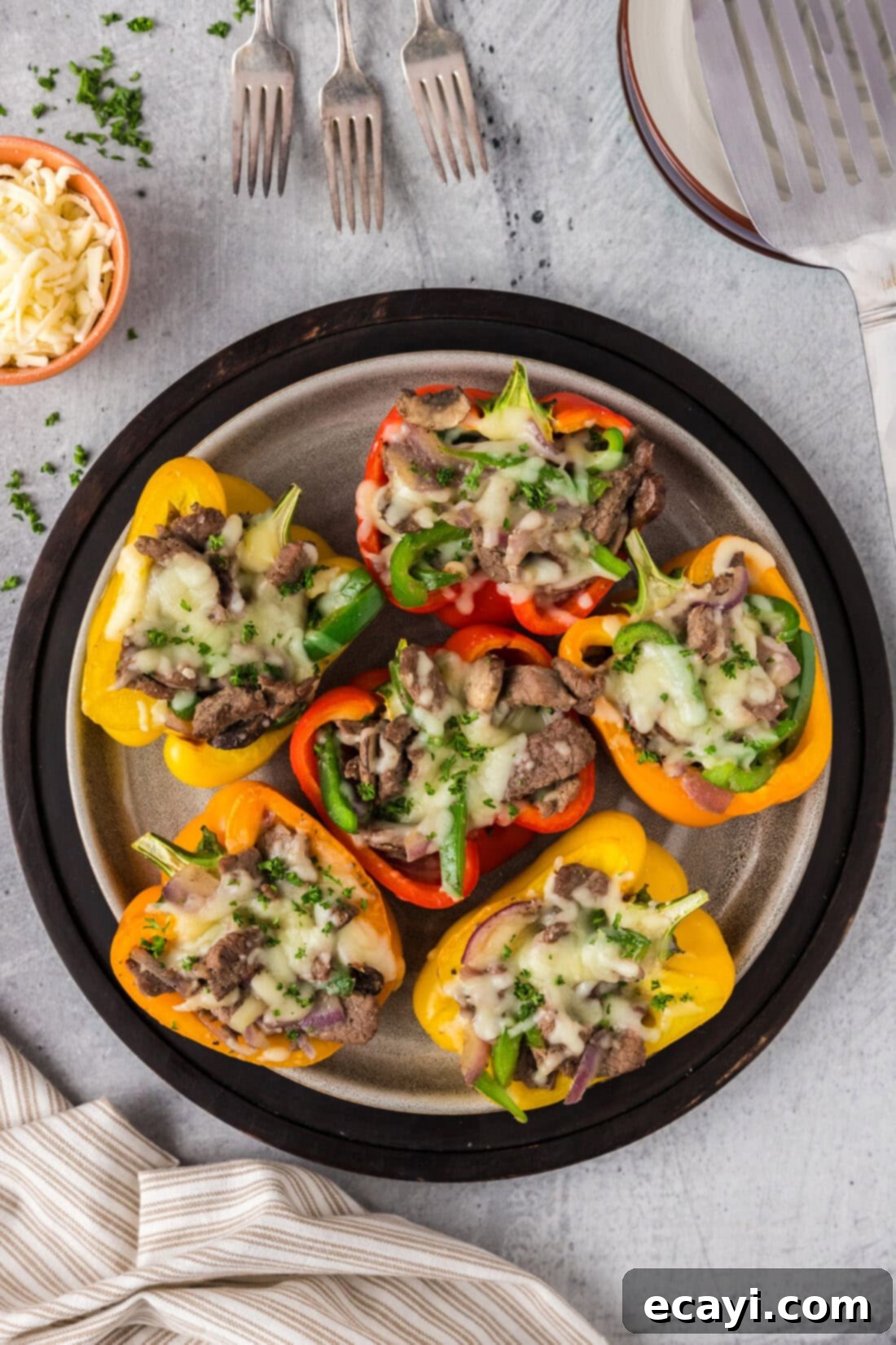 Loaded Philly Cheesesteak Peppers 9 Philly Cheesesteak Stuffed Peppers on a plate