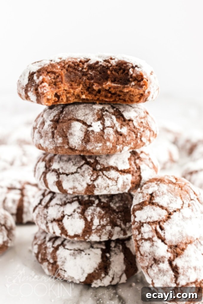 These chocolate snow cookies taste just like powdered sugar dusted brownies! The crinkled tops make them look like they're topped with snow. Perfect for the holidays! #chocolatecookies #snowcookies #christmascookies #browniecookies #powderedsugar #softcookies stack of chocolate snow cookies