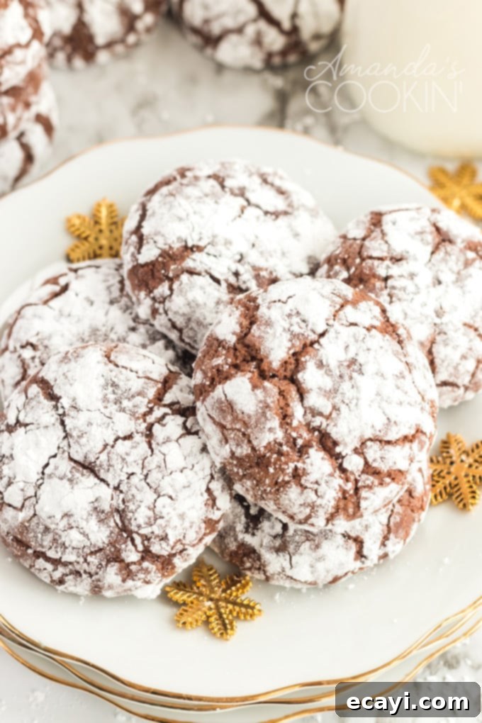 These chocolate snow cookies taste just like powdered sugar dusted brownies! The crinkled tops make them look like they're topped with snow. Perfect for the holidays! #chocolatecookies #snowcookies #christmascookies #browniecookies #powderedsugar #softcookies plate of chocolate crinkle cookies