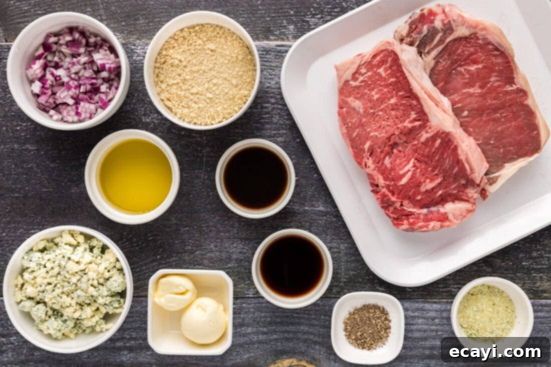 Signature Blue Cheese Crusted Steak 4 A flat lay photograph showcasing all the fresh ingredients needed for Blue Cheese Crusted Steak, neatly arranged on a counter.