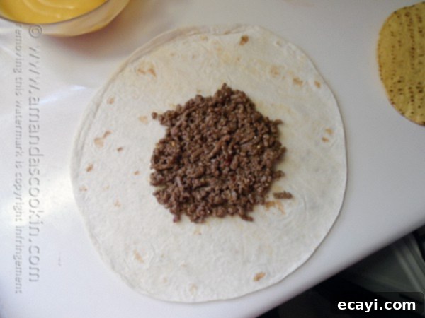 The Ultimate At-Home Crunchwrap 3 An overhead photo of a large flour tortilla with a mound of cooked ground beef seasoned with taco spices spread evenly in the center.
