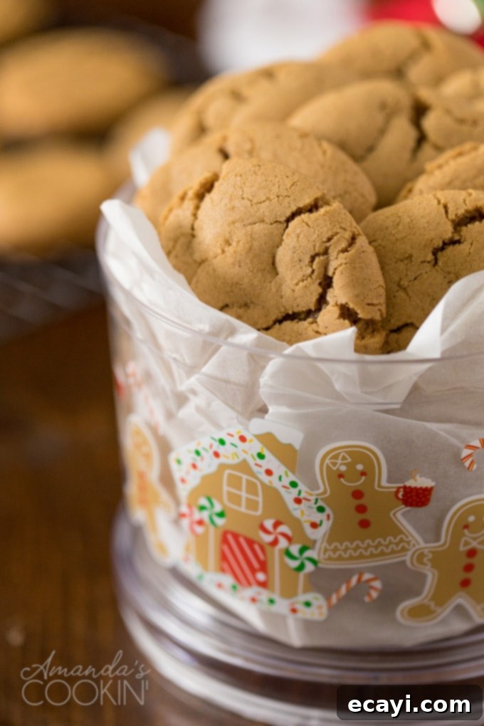 Festive container filled with homemade chewy gingersnap cookies A festive red and white container brimming with golden-brown gingersnap cookies, ready for holiday gifting or sharing