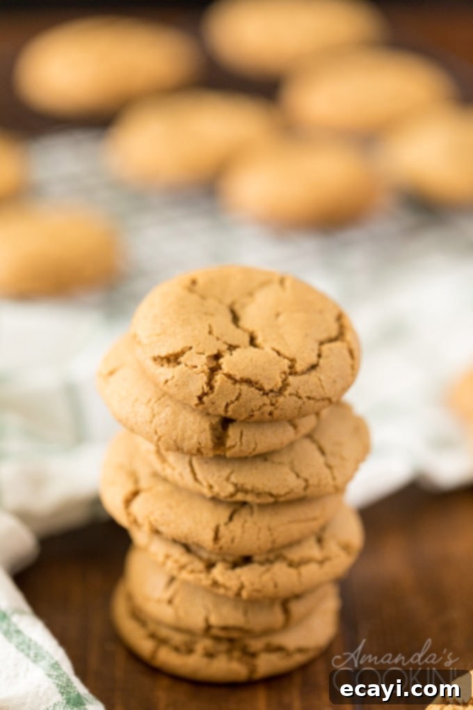 Stack of soft and chewy homemade gingersnap cookies A perfectly stacked tower of soft and chewy homemade gingersnap cookies, showcasing their golden-brown color and delicate sugar crackle
