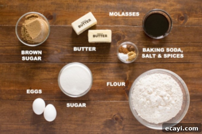 Fresh ingredients for homemade gingersnap cookies Various essential ingredients laid out on a kitchen counter: flour, sugars, butter, eggs, molasses, and a selection of ground spices