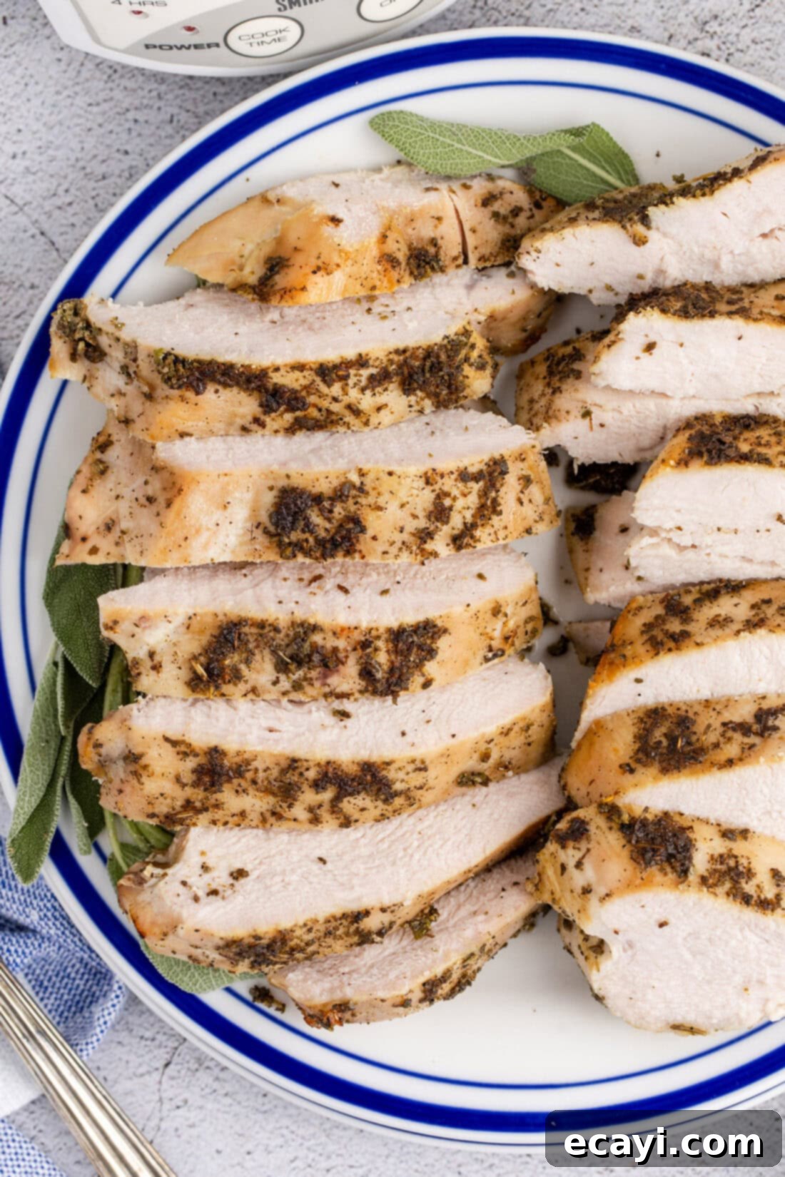 Perfectly Tender Crockpot Turkey Breast 2 Close up photo of Crockpot Turkey Breast on a plate cut into slices, perfectly moist and ready to serve.