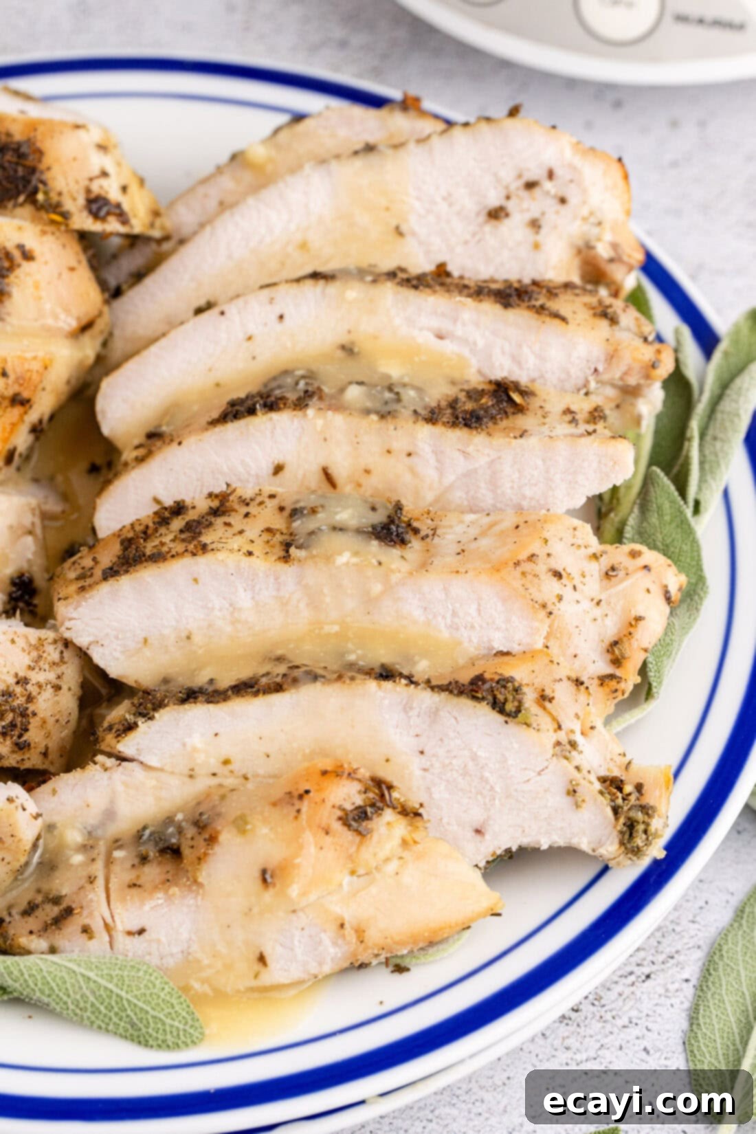 Perfectly Tender Crockpot Turkey Breast 15 Slices of beautifully cooked, moist Crockpot Turkey Breast generously covered in rich, homemade gravy on a white plate, ready to be enjoyed.
