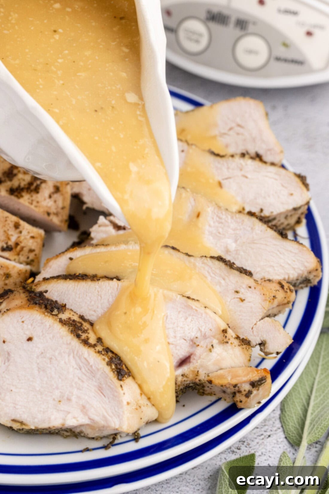Perfectly Tender Crockpot Turkey Breast 3 Rich, homemade gravy being generously poured onto tender slices of Crockpot Turkey Breast on a white plate.