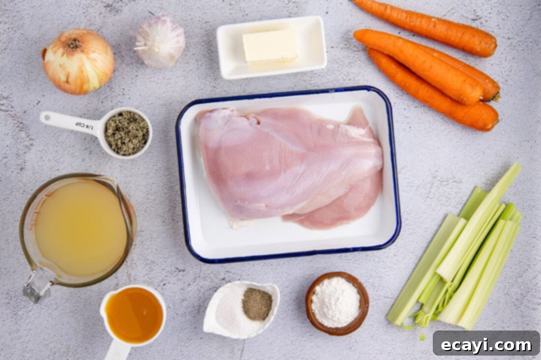 Perfectly Tender Crockpot Turkey Breast 4 A collection of fresh ingredients laid out, including turkey breast, onions, carrots, celery, garlic, butter, and various spices, ready for the Crockpot Turkey Breast recipe.