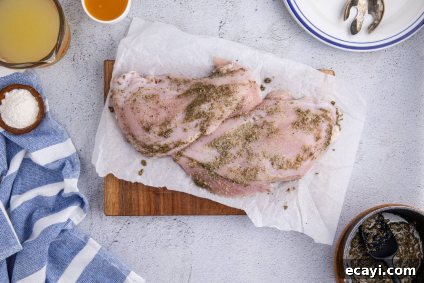 Perfectly Tender Crockpot Turkey Breast 8 Two turkey breasts on a cutting board, liberally rubbed with the seasoning mixture.