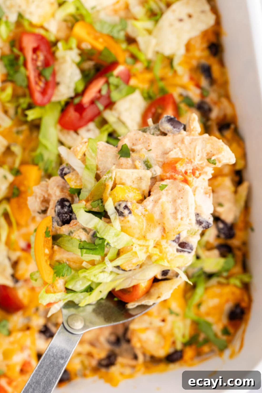 Cheesy Chicken Taco Casserole 2 Close up photo of a spoonful of Chicken Taco Casserole, showcasing melty cheese and vibrant ingredients.
