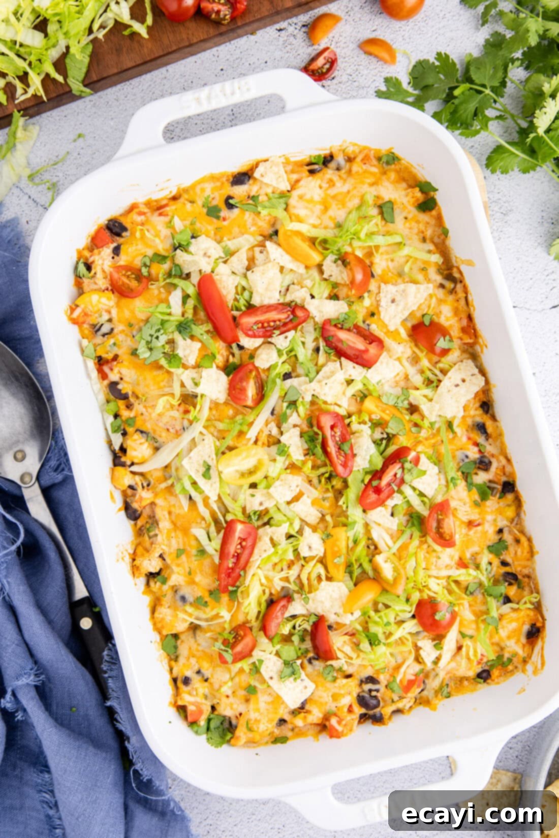Cheesy Chicken Taco Casserole 11 Large casserole dish of Chicken Taco Casserole, freshly baked and ready to serve.