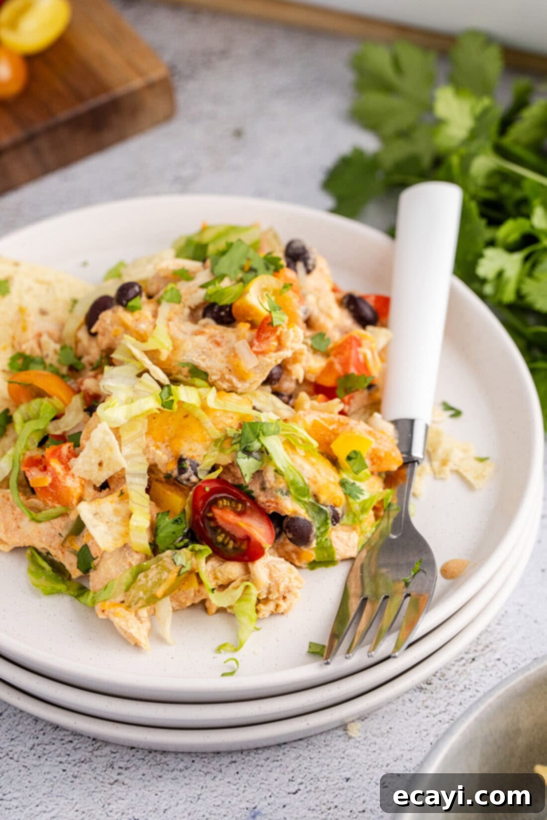 Cheesy Chicken Taco Casserole 3 Serving of Chicken Taco Casserole on a plate, garnished with fresh toppings.