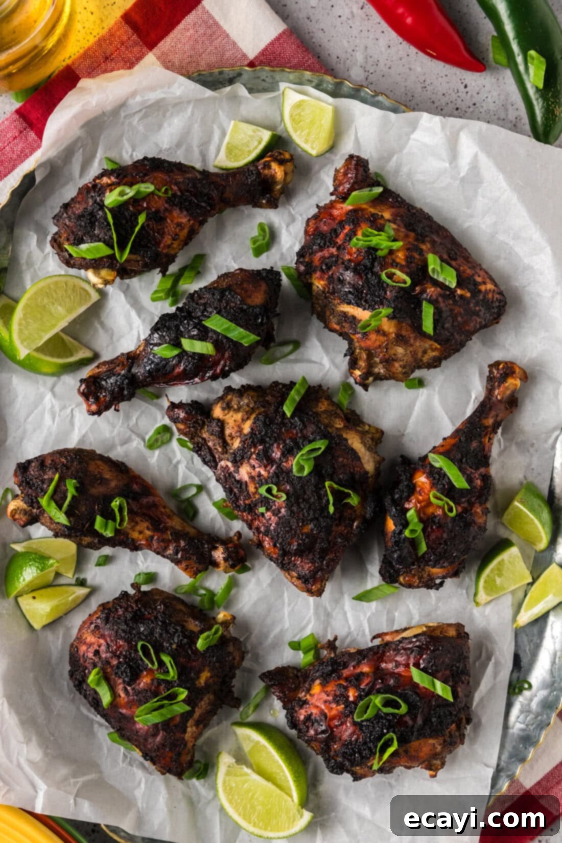 Caribbean Jerk Chicken 2 Jerk Chicken on a parchment lined serving tray