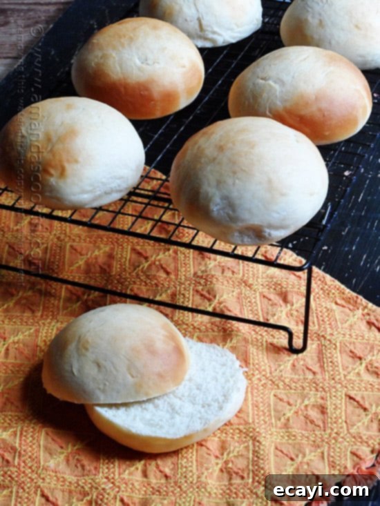 Soft and Fluffy Homemade Burger Buns 2 Freshly baked homemade hamburger buns resting on a wire rack, ready to elevate your burger experience.