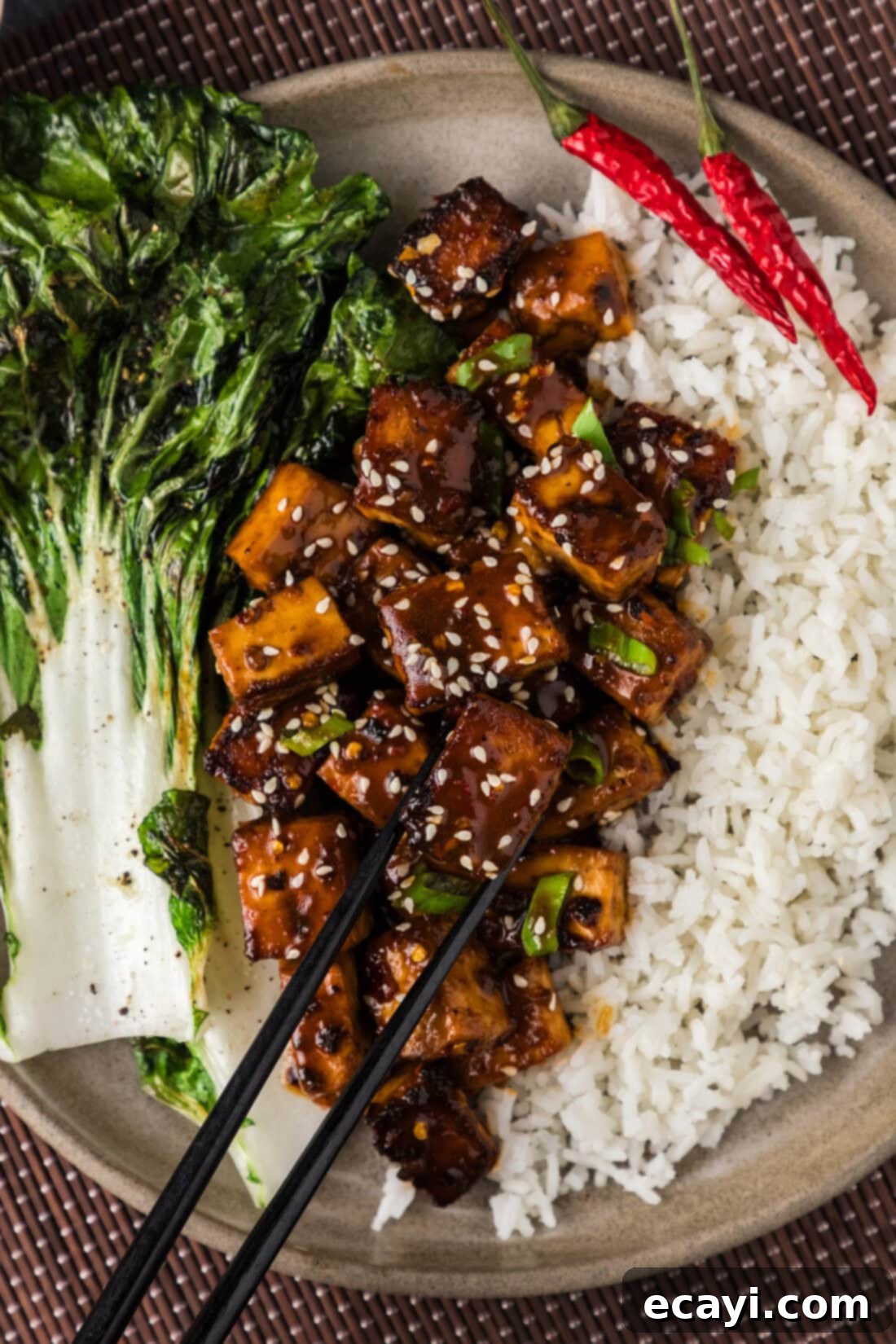 Fiery Tofu 2 Close up photo of Spicy Tofu on a plate with rice and chopsticks, garnished with sesame seeds and green onions