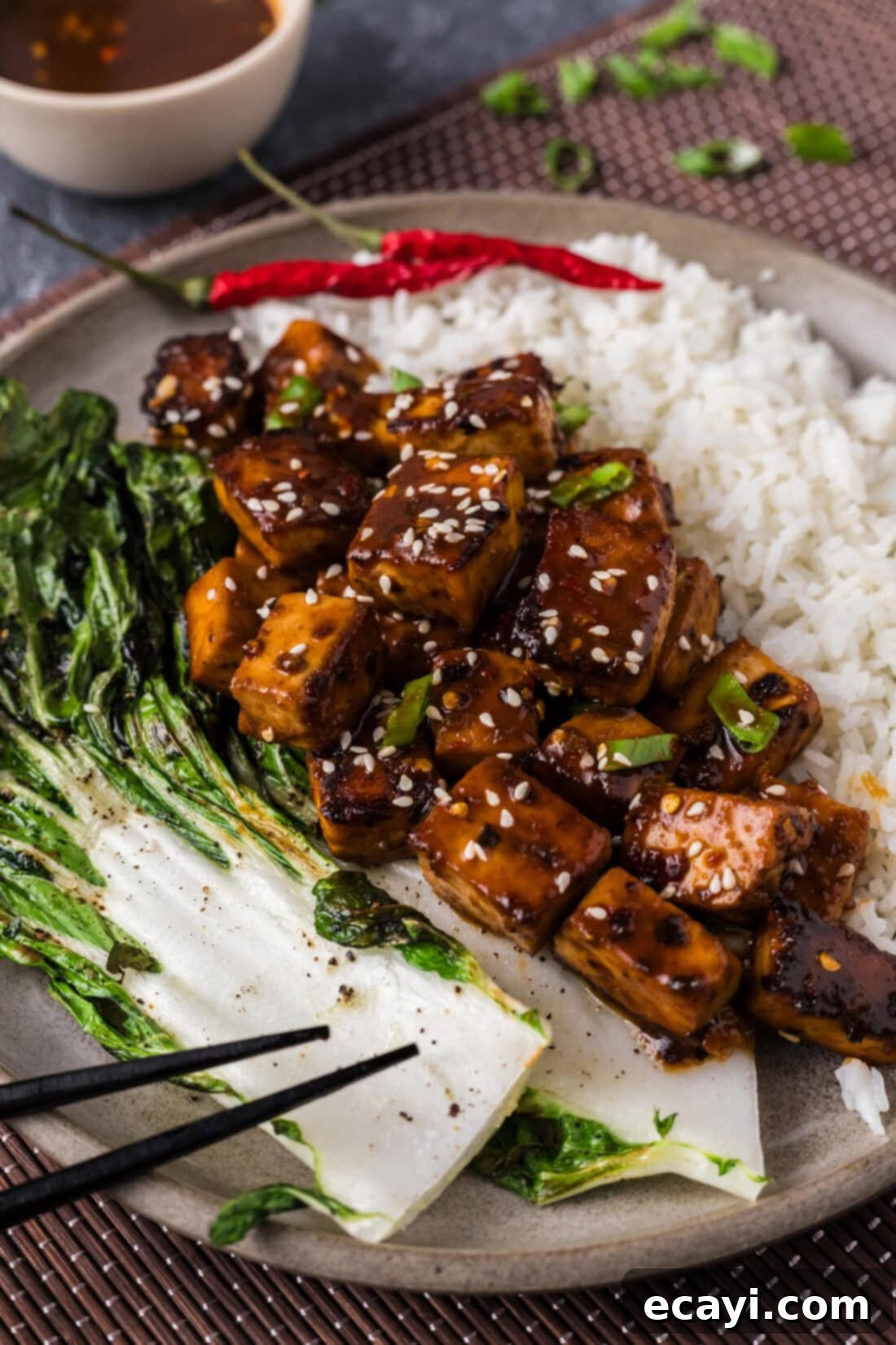 Fiery Tofu 11 Spicy Tofu on a white plate, garnished with sesame seeds and green onions