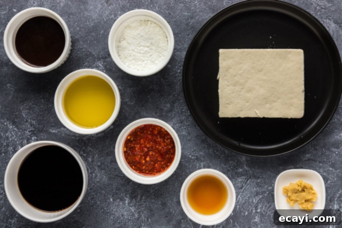 Fiery Tofu 4 Various ingredients for Spicy Tofu laid out on a white surface