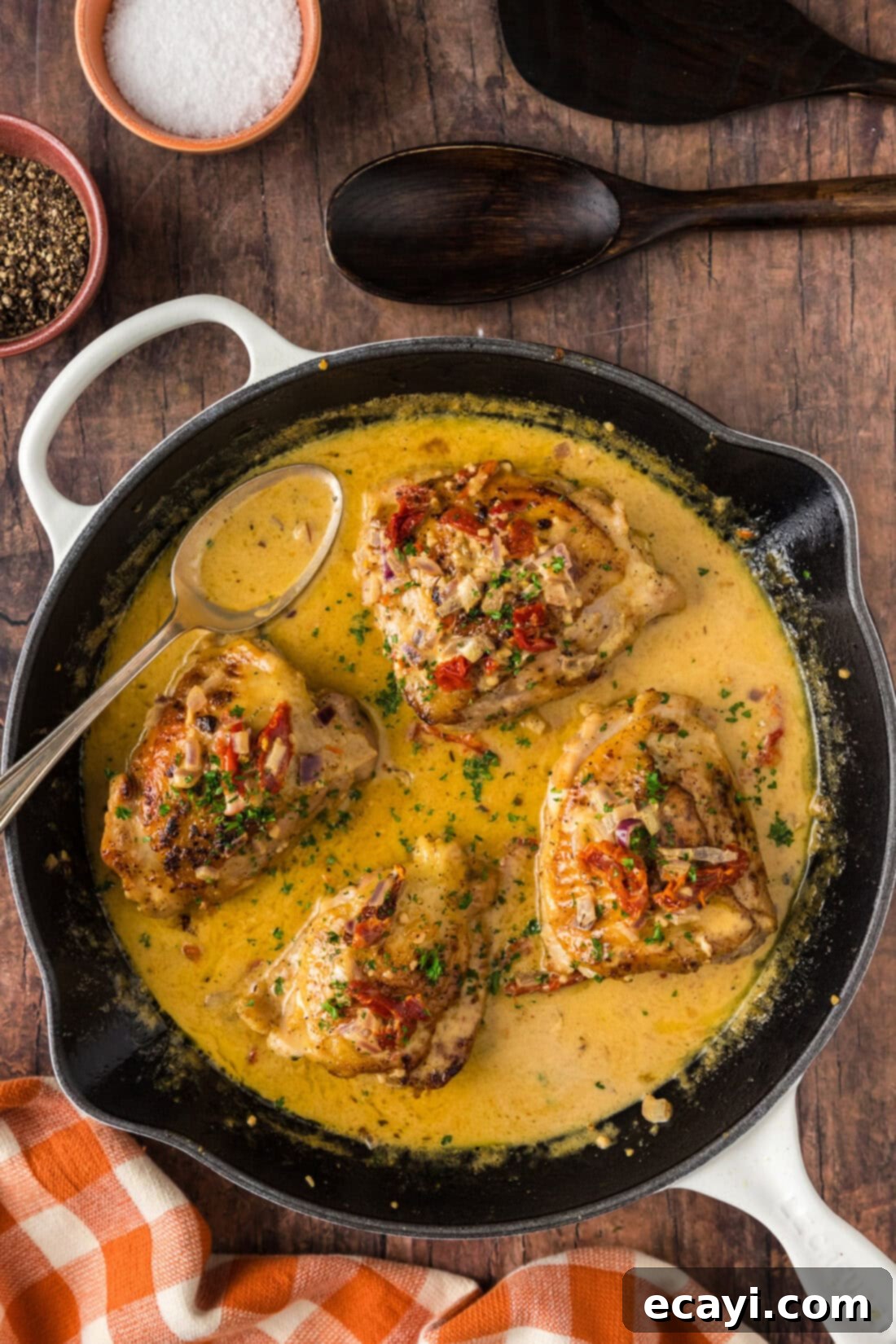 Crispy Skillet Chicken Thighs 13 Overhead photo of Skillet Chicken Thighs with fresh herbs